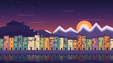 Grenoble au crépuscule en pixel art : la Bastille et ses bulles, Belledonne enneigée, les façades du quai Saint-Laurent et l'Isère